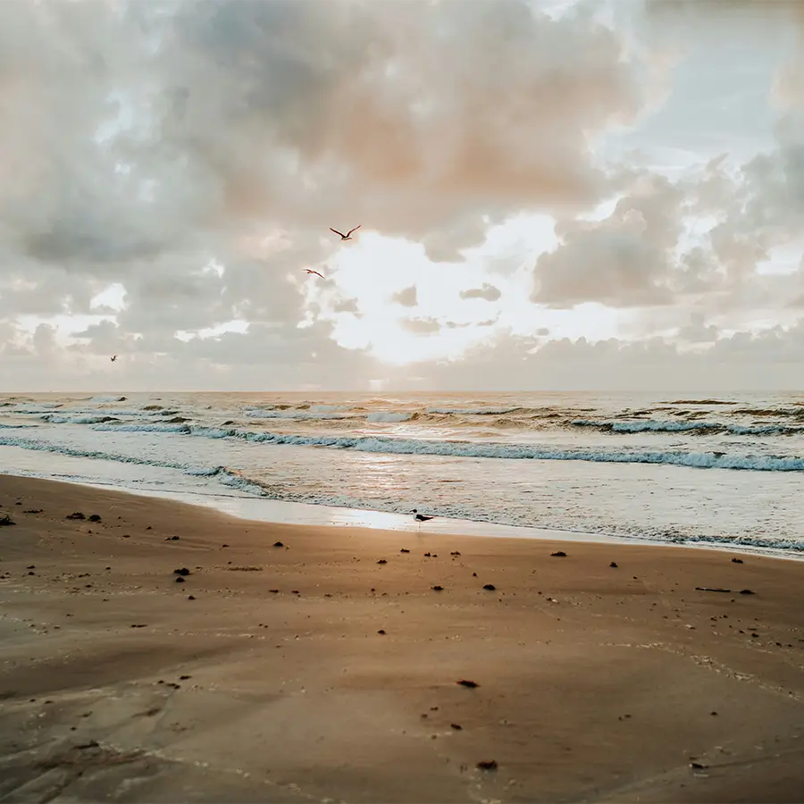 Gulf Coast Texas shoreline with calm water and blue sky