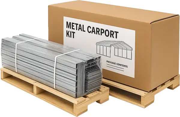 Assembled metal carport kit with steel frame and roof panels.