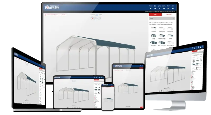 Mockup showing desktop and laptop computers displaying East Texas Carports website