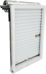 White metal roll-up garage door installed on a metal building