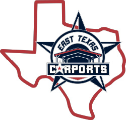 East Texas Carports Texas-shaped logo in bold red and gray design