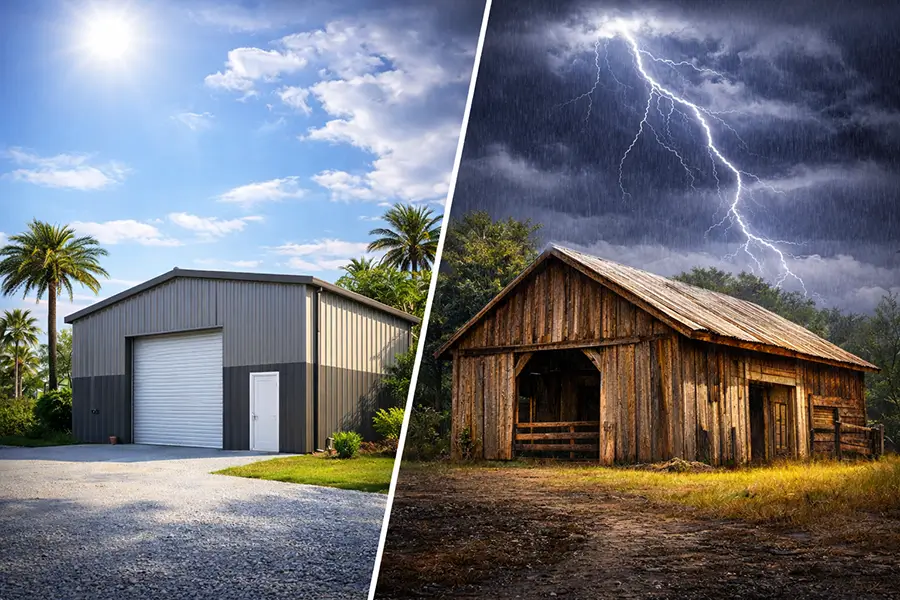 Featured image for “Metal Buildings vs. Wood Buildings: Which Lasts Longer in Southern Climates?”